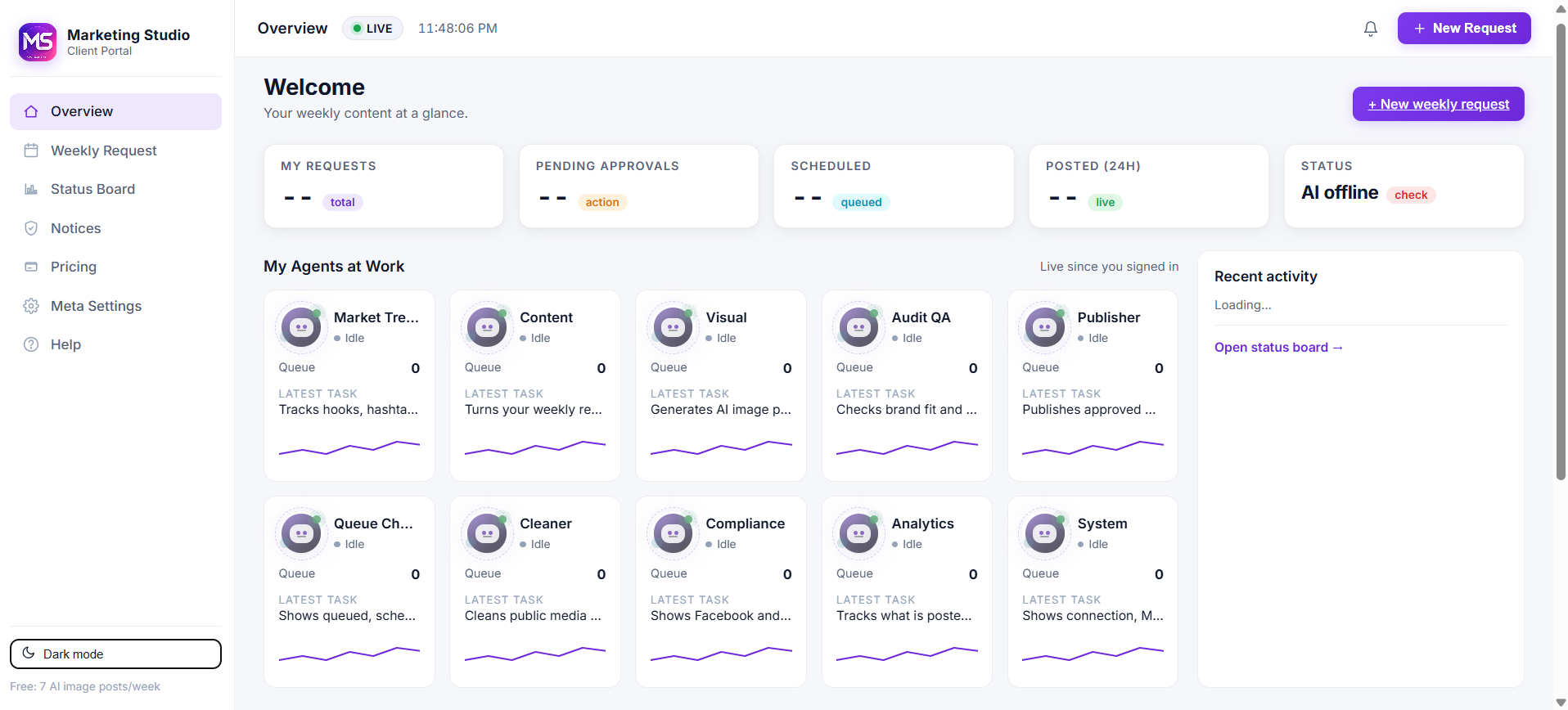Marketing Studio client portal light theme dashboard