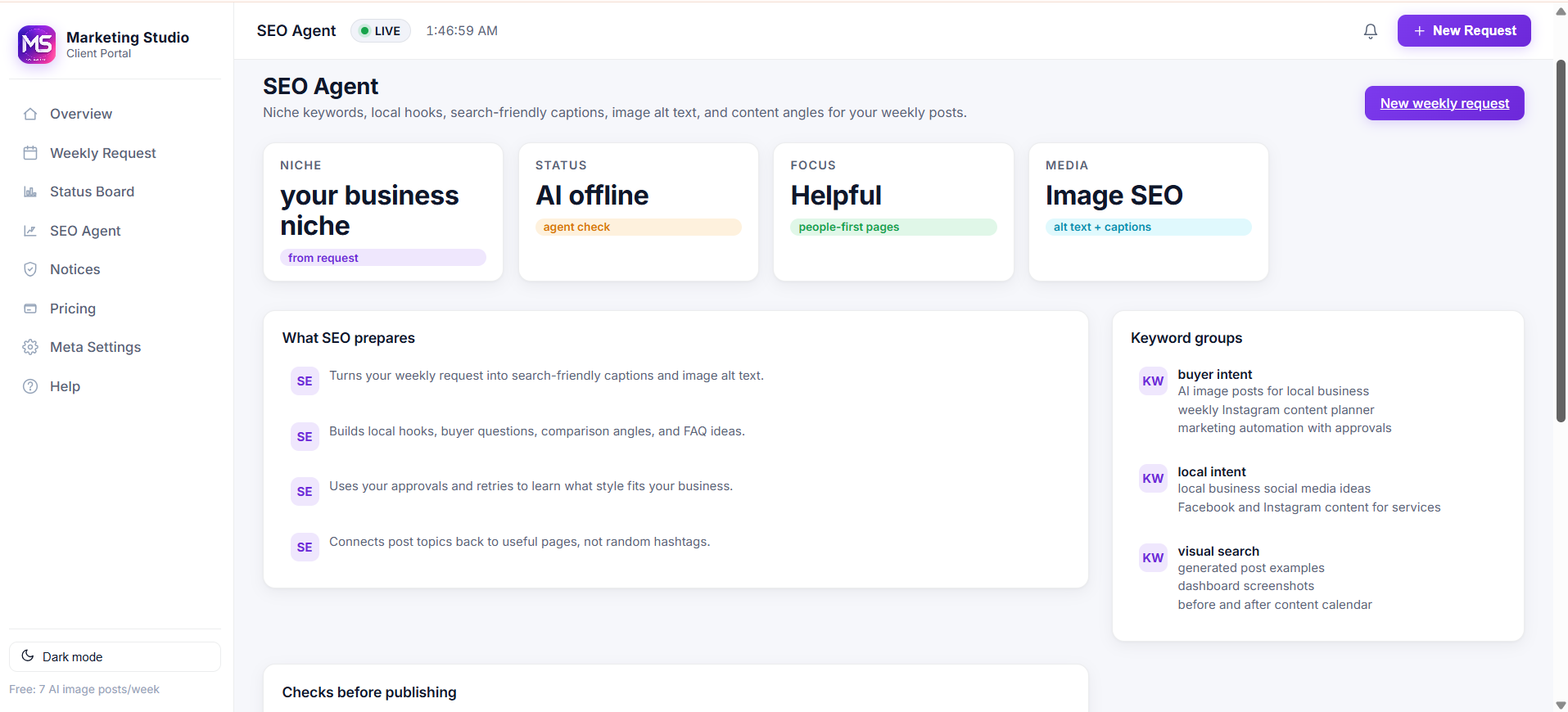 Marketing Studio SEO agent client screen